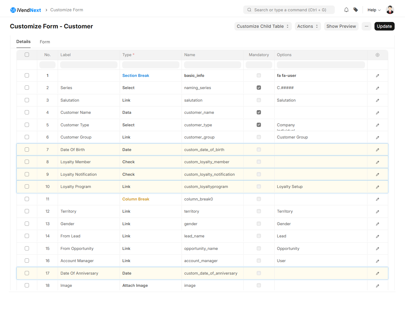 Customize Form - Customer Fields